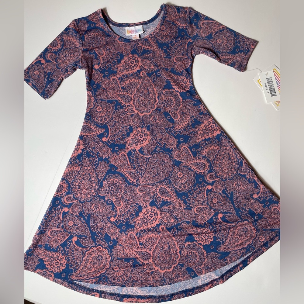 LuLaRoe Paisley Kids Adeline Dress in Blue and Pink